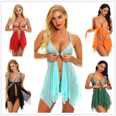 Pink See Through Lace Chemise Night Robe Front Closure Babydoll V Neckline Nightie Slip Dress