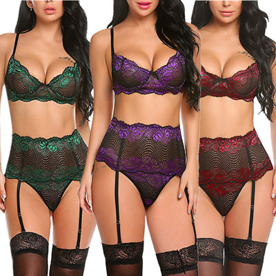 Black High Waisted Underwear And Bra Set Panty Underwire Lingerie Garter Belt Lace