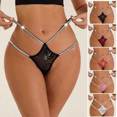 Womens Lace G Strings Sexy Cross Shining Waistband Thongs Bikini Panties Crystal Female Underwear
