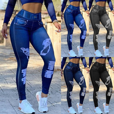 Yoga Tights Leggings Jean Yoga Pants High Waist Faux Denim Stretch Pencil Bottoming Casual