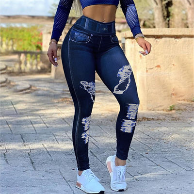 Yoga Tights Leggings Jean Yoga Pants High Waist Faux Denim Stretch Pencil Bottoming Casual