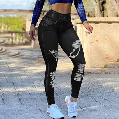 Yoga Tights Leggings Jean Yoga Pants High Waist Faux Denim Stretch Pencil Bottoming Casual